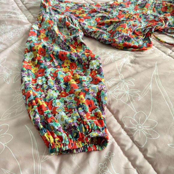 Floral Print Blouse With Drawstring Long Balloon Sleeves Size Large H&M - Picture 9 of 9